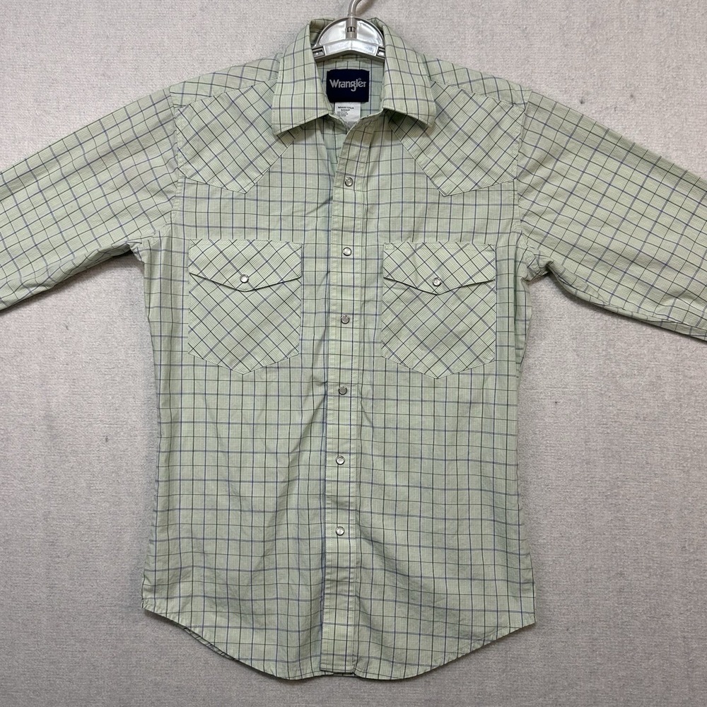 Wrangler Men's Pearl Snap Small‎ Long Sleeve Green Check Casual Cowboy Handsome